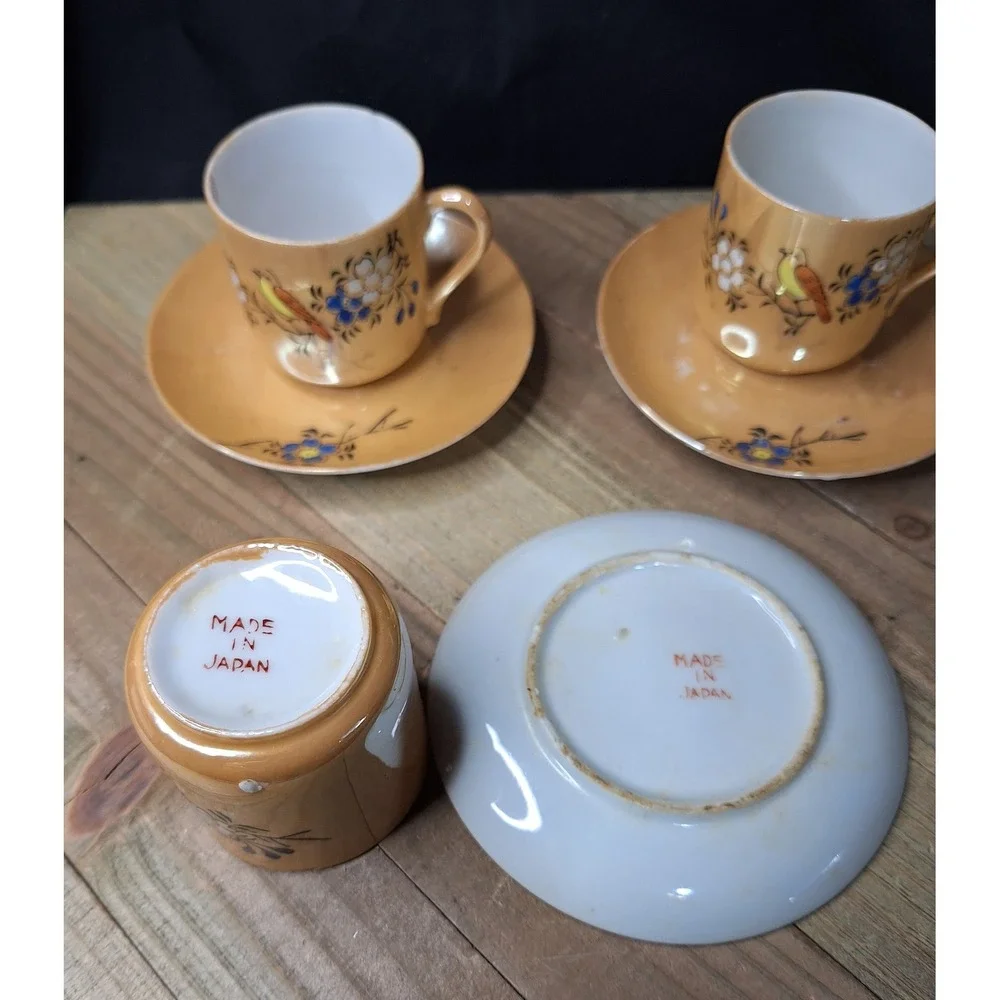 Vintage Lusterware Demitasse Tea Cups Saucers Set 2 Japan Bird Floral Iridescent